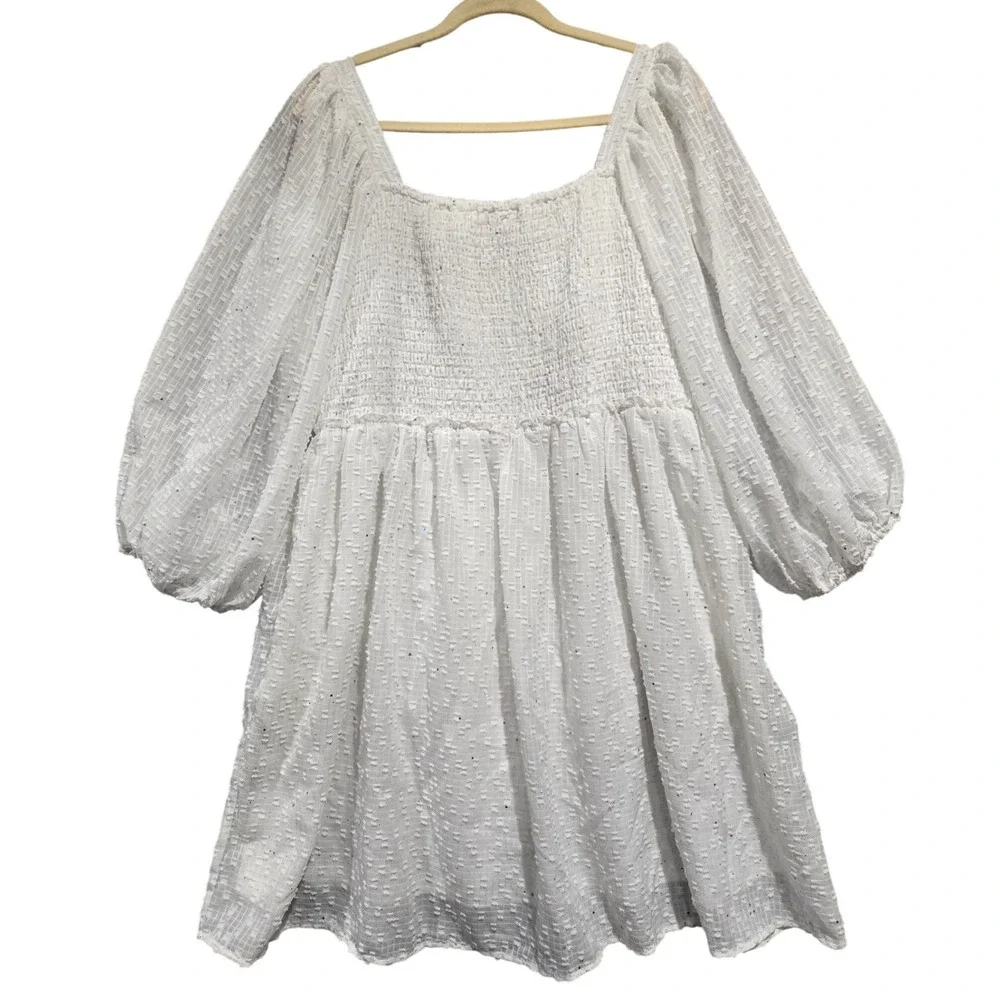 Arula Womens White Smocked Mini Dress Plus Size B 2XL Glitter Star Puff Sleeve - Picture 1 of 8